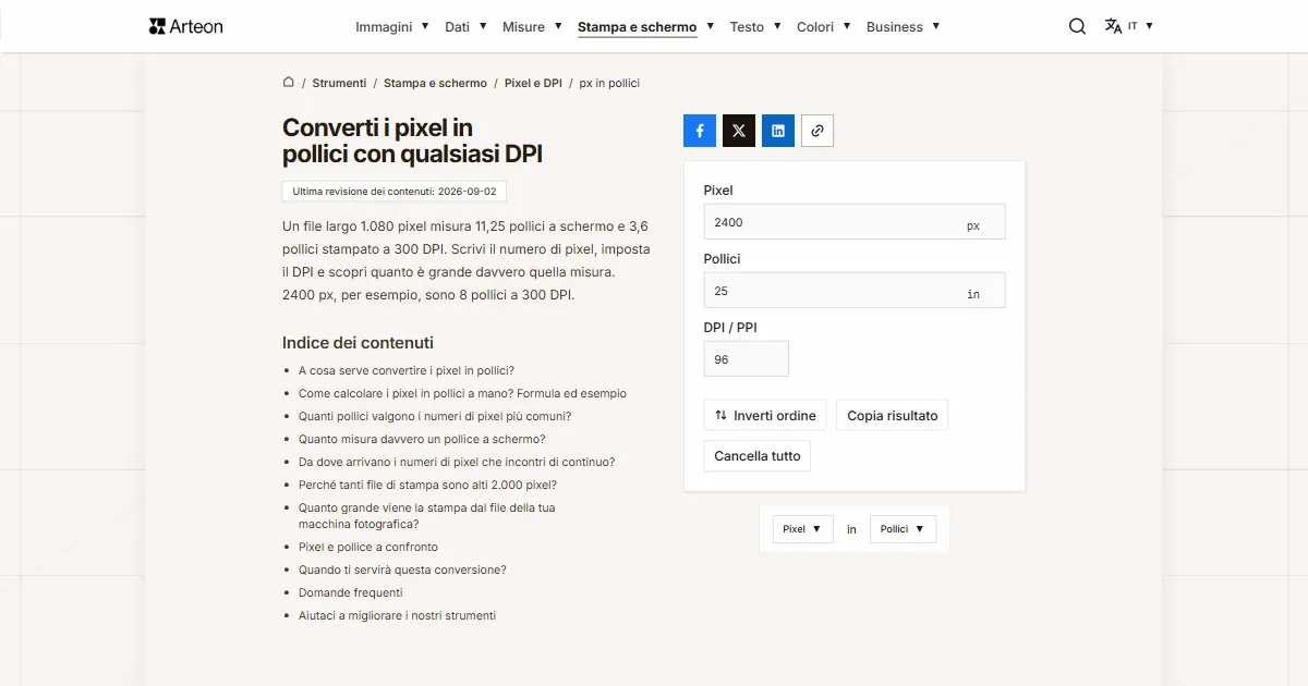 Screenshot dello strumento gratuito Arteon: Converti i pixel in pollici con qualsiasi DPI