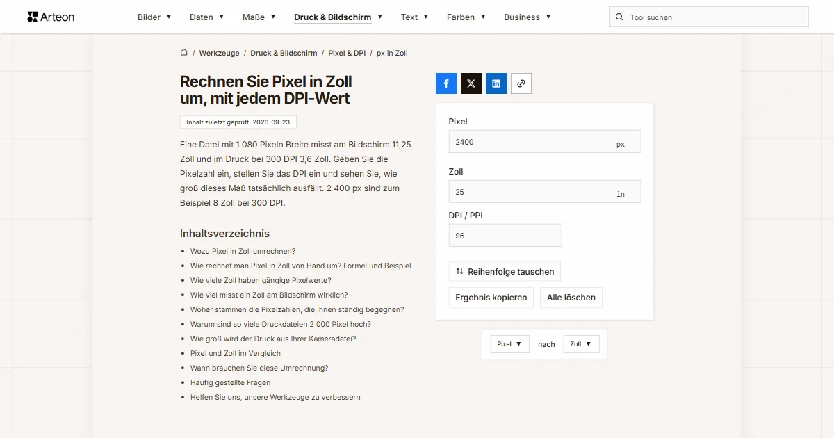 px in Zoll