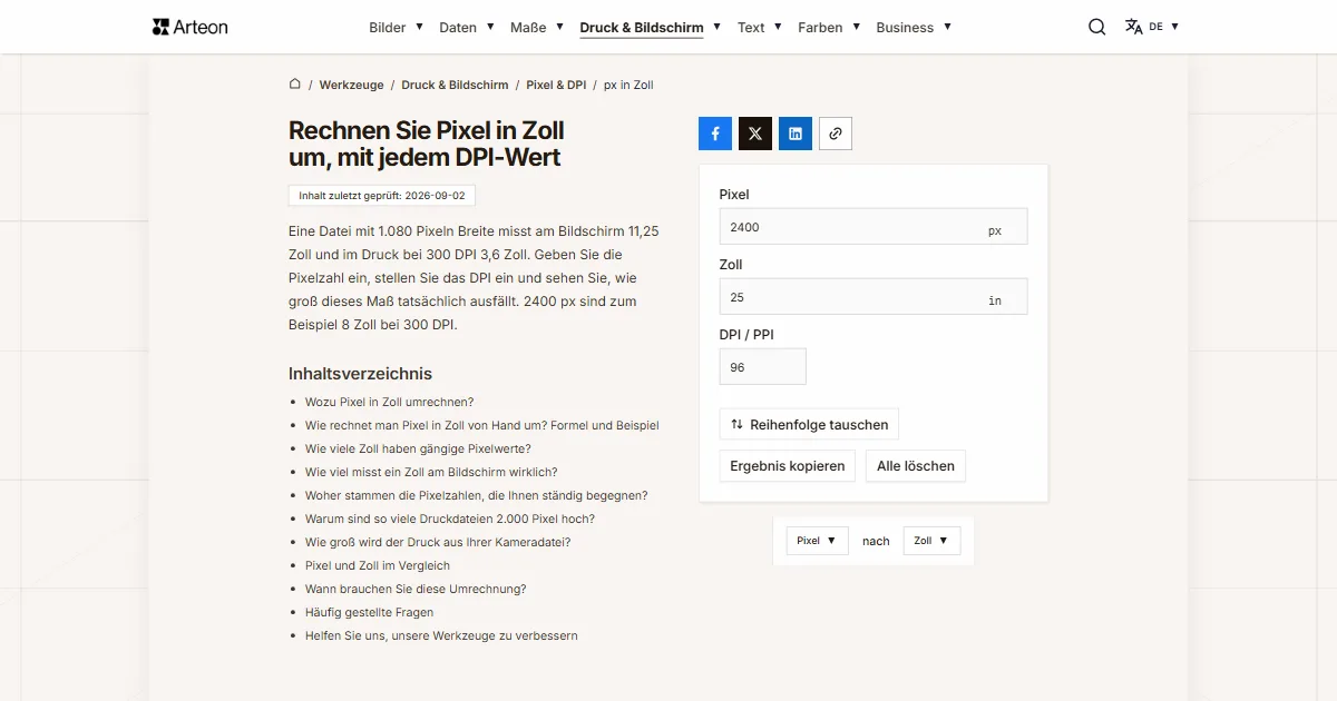 Screenshot des kostenlosen Arteon-Werkzeugs: Rechnen Sie Pixel in Zoll um, mit jedem DPI-Wert