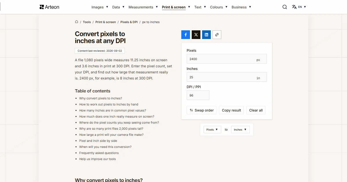 Arteon free tool screenshot: Convert pixels to inches at any DPI