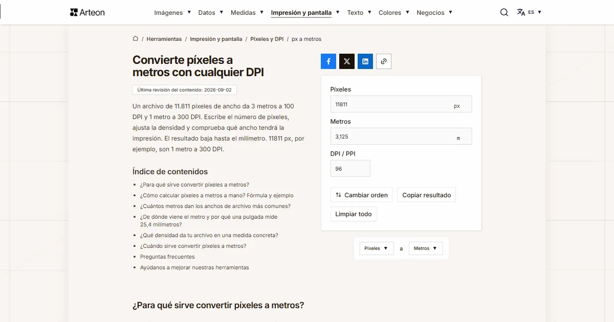 Captura de pantalla de la herramienta gratuita de Arteon: Convierte píxeles a metros con cualquier DPI