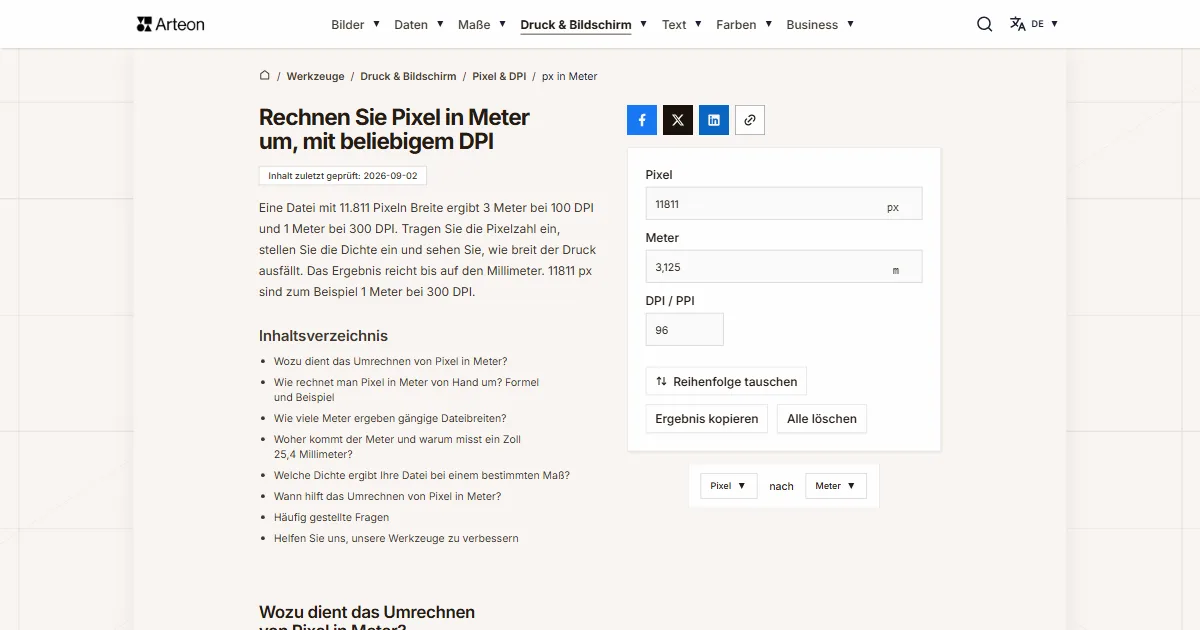 Screenshot des kostenlosen Arteon-Werkzeugs: Rechnen Sie Pixel in Meter um, mit beliebigem DPI