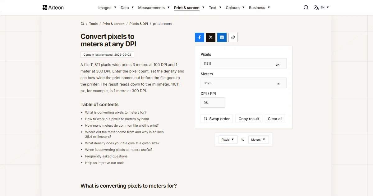Arteon free tool screenshot: Convert pixels to meters at any DPI