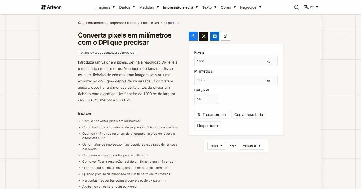 Captura de ecrã da ferramenta gratuita da Arteon: Converta pixels em milímetros com o DPI que precisar