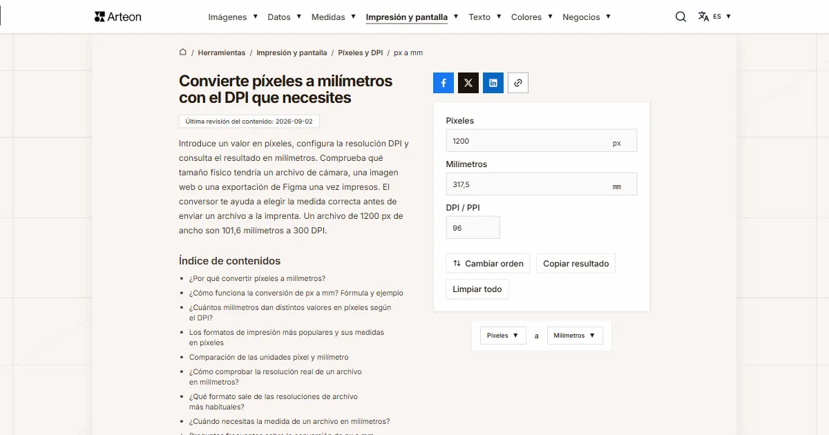 Captura de pantalla de la herramienta gratuita de Arteon: Convierte píxeles a milímetros con el DPI que necesites