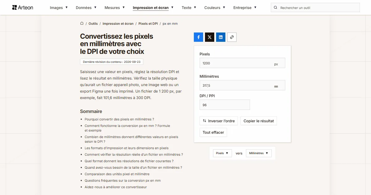 px en mm