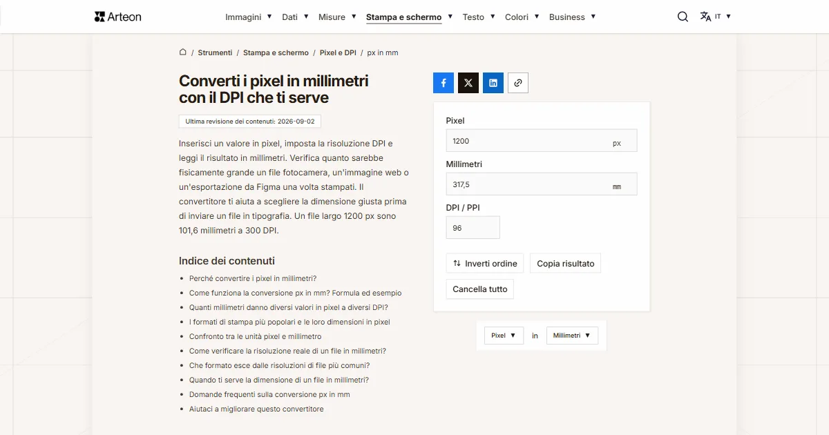 Screenshot dello strumento gratuito Arteon: Converti i pixel in millimetri con il DPI che ti serve