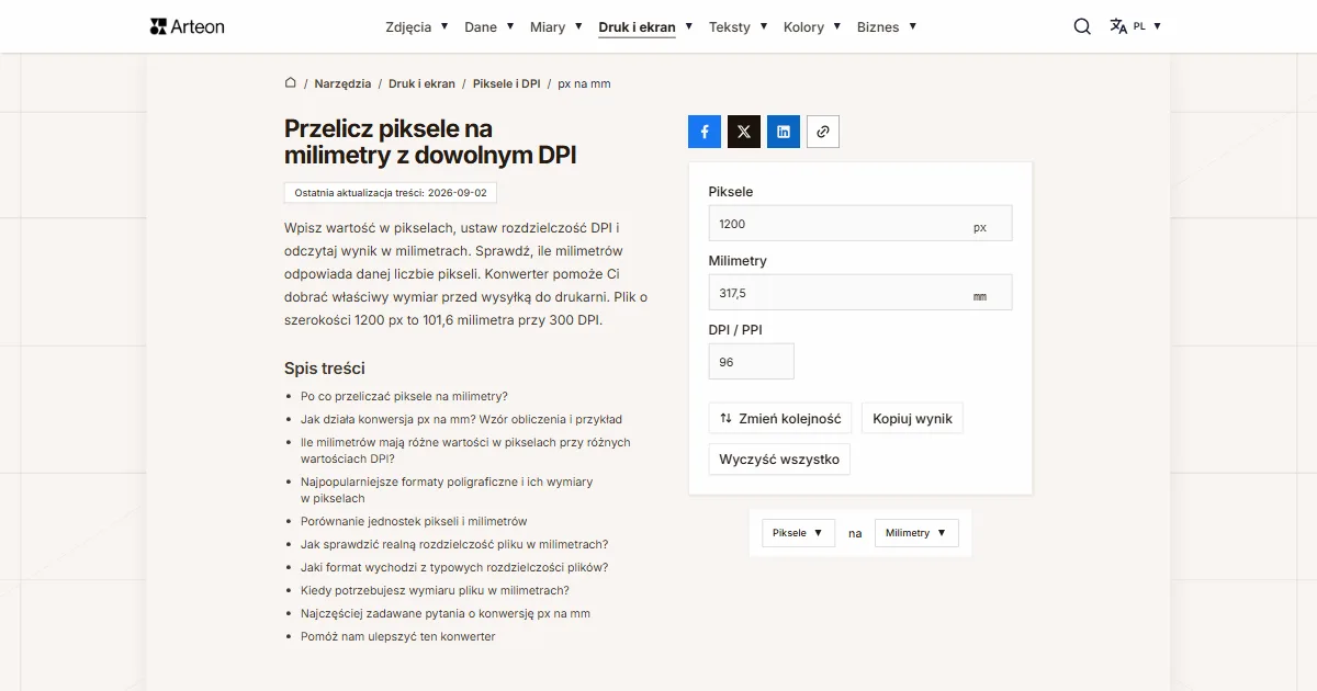 Zrzut ekranu darmowego narzędzia Arteon: Przelicz piksele na milimetry z dowolnym DPI