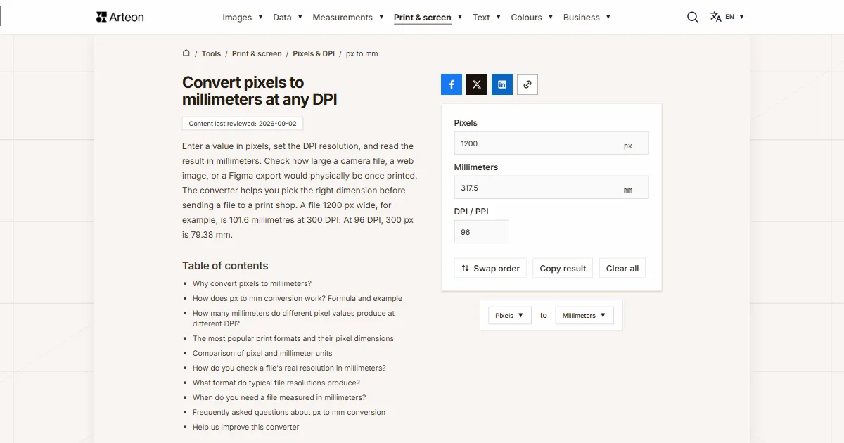 Arteon free tool screenshot: Convert pixels to millimeters at any DPI