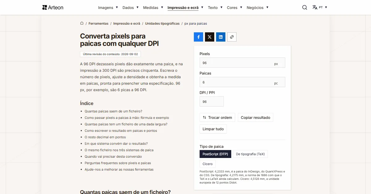 Captura de ecrã da ferramenta gratuita da Arteon: Converta pixels para paicas com qualquer DPI