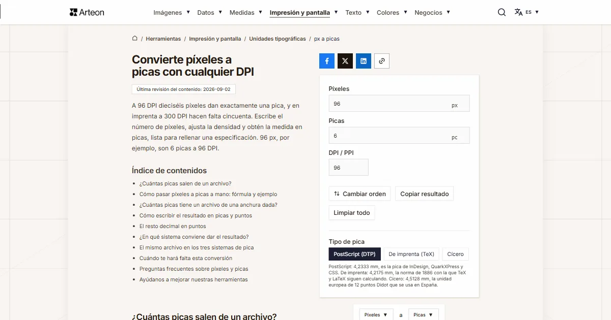 Captura de pantalla de la herramienta gratuita de Arteon: Convierte píxeles a picas con cualquier DPI