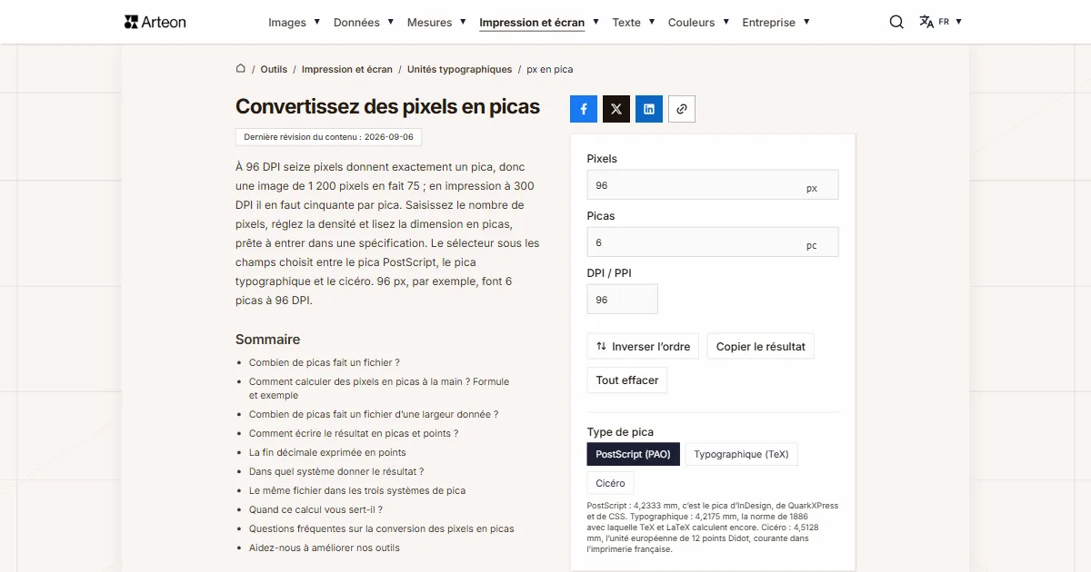 Capture d'écran de l'outil gratuit d'Arteon: Convertissez des pixels en picas