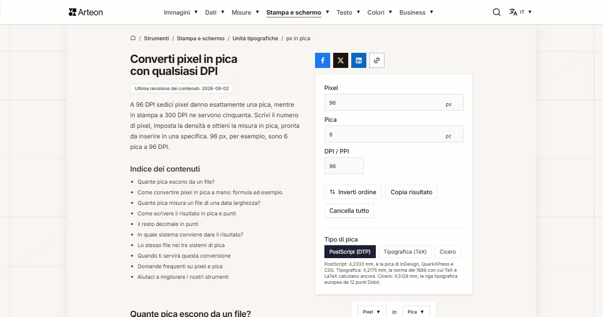 Screenshot dello strumento gratuito Arteon: Converti pixel in pica con qualsiasi DPI