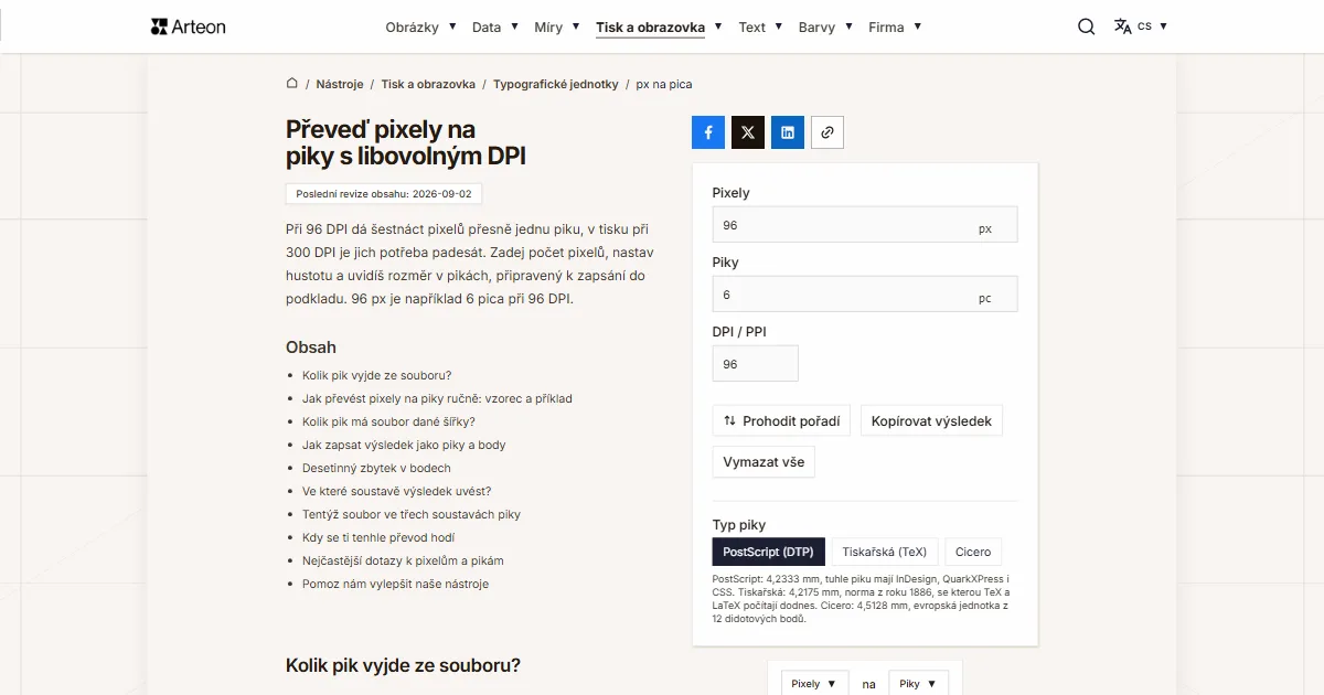 Snímek obrazovky bezplatného nástroje Arteon: Převeď pixely na piky s libovolným DPI