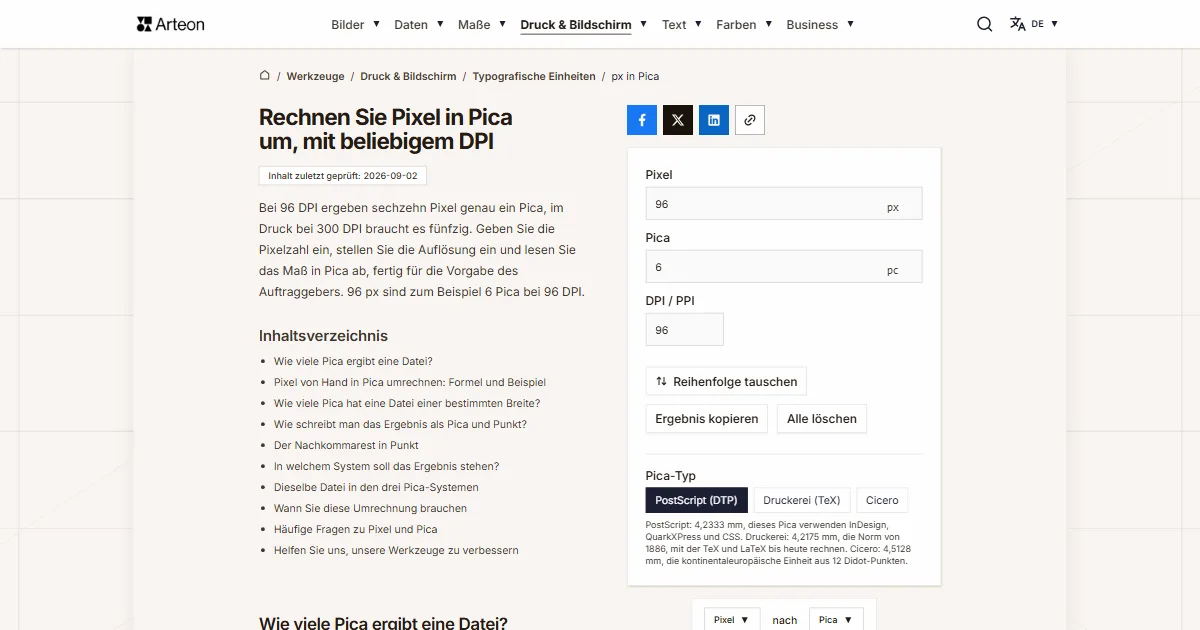 Screenshot des kostenlosen Arteon-Werkzeugs: Rechnen Sie Pixel in Pica um, mit beliebigem DPI