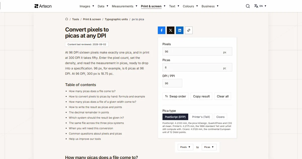 Arteon free tool screenshot: Convert pixels to picas at any DPI