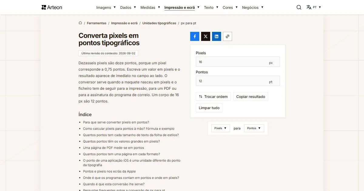 Captura de ecrã da ferramenta gratuita da Arteon: Converta pixels em pontos tipográficos
