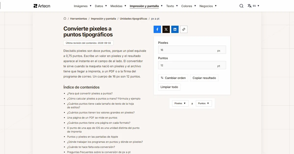 Captura de pantalla de la herramienta gratuita de Arteon: Convierte píxeles a puntos tipográficos