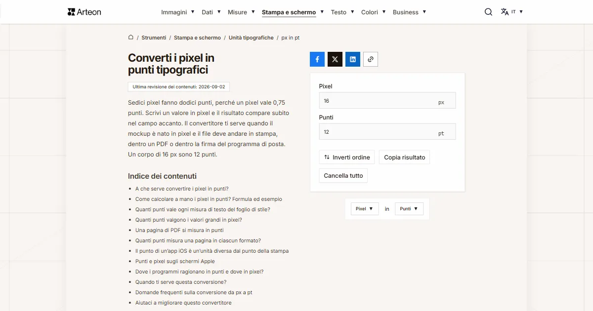 Screenshot dello strumento gratuito Arteon: Converti i pixel in punti tipografici