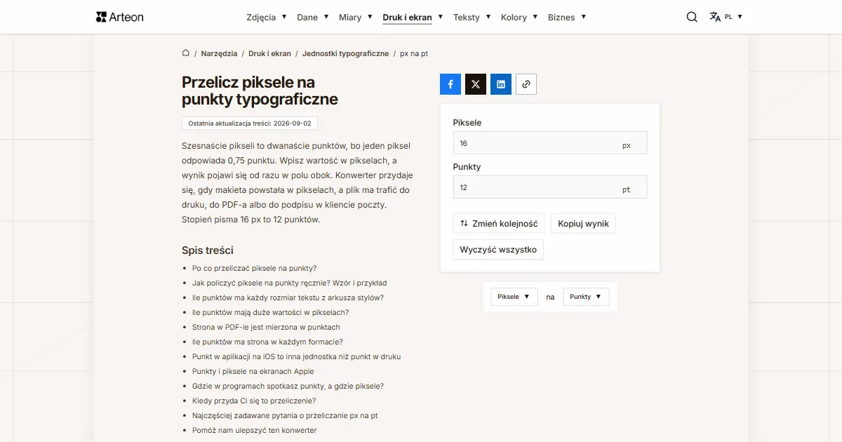 Zrzut ekranu darmowego narzędzia Arteon: Przelicz piksele na punkty typograficzne