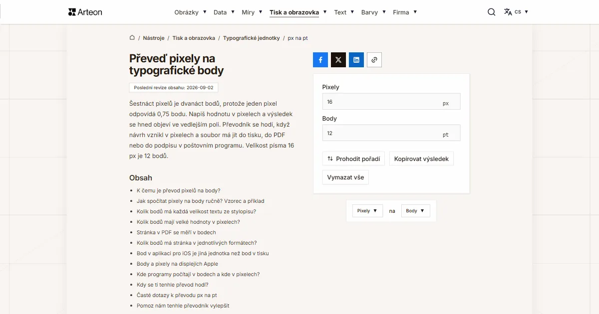 Snímek obrazovky bezplatného nástroje Arteon: Převeď pixely na typografické body