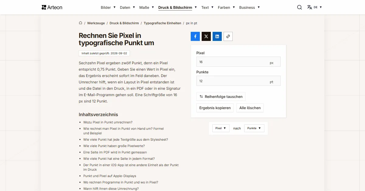 Screenshot des kostenlosen Arteon-Werkzeugs: Rechnen Sie Pixel in typografische Punkt um