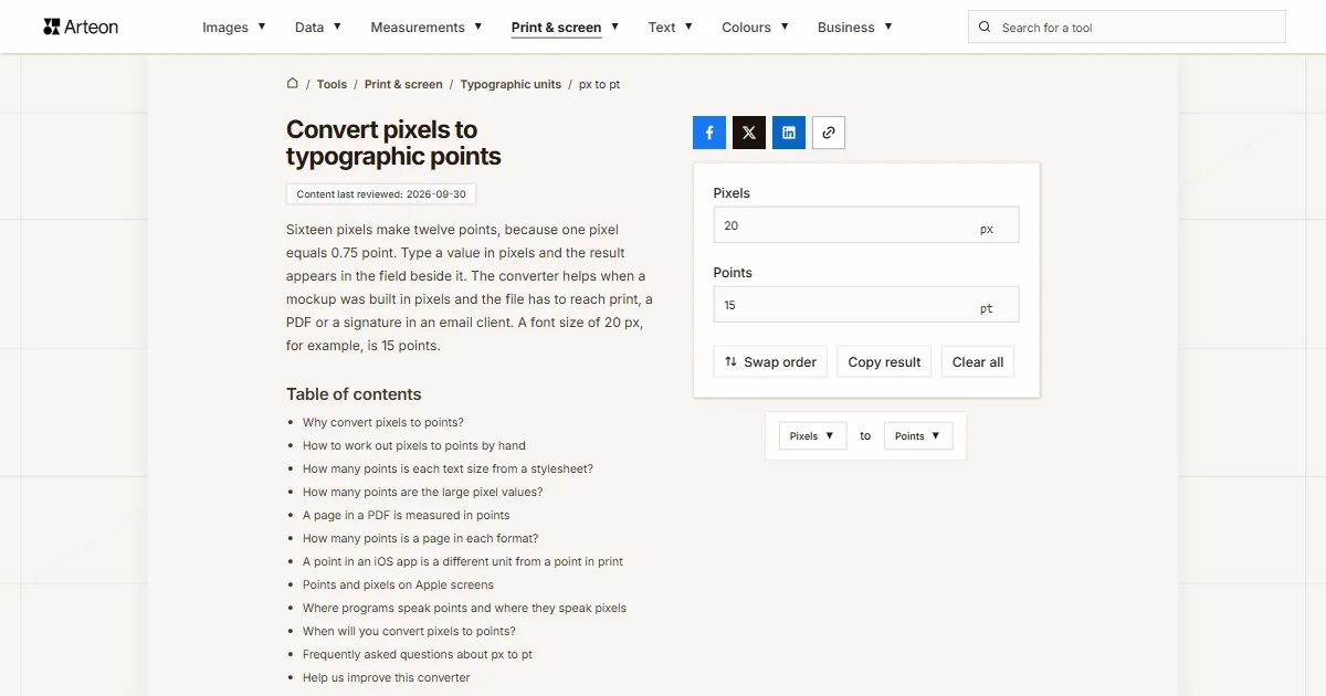 Arteon free tool screenshot: Convert pixels to typographic points