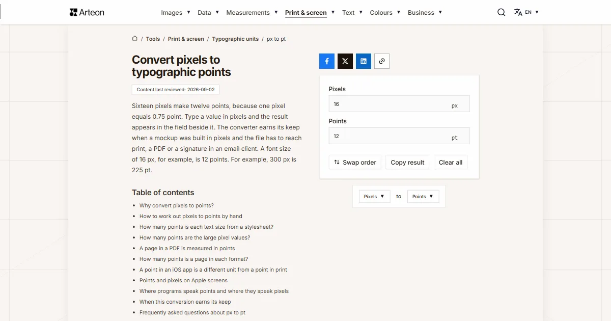 Arteon free tool screenshot: Convert pixels to typographic points