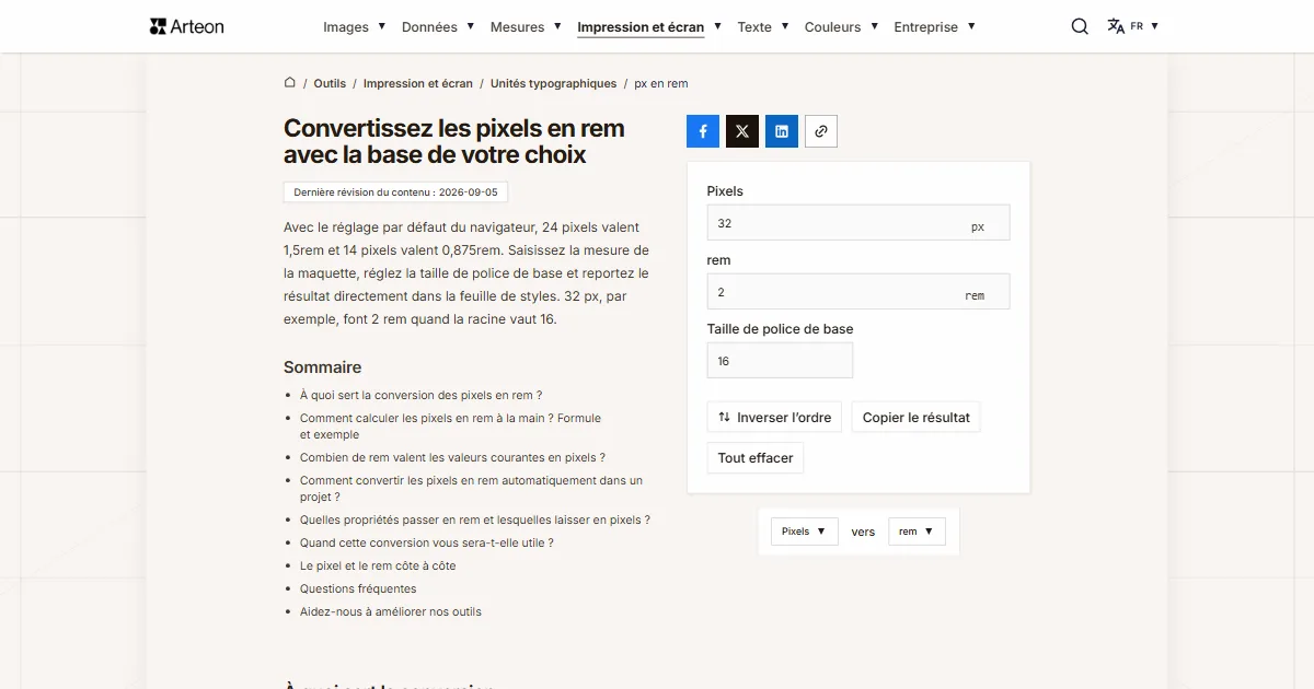 Capture d'écran de l'outil gratuit d'Arteon: Convertissez les pixels en rem avec la base de votre choix