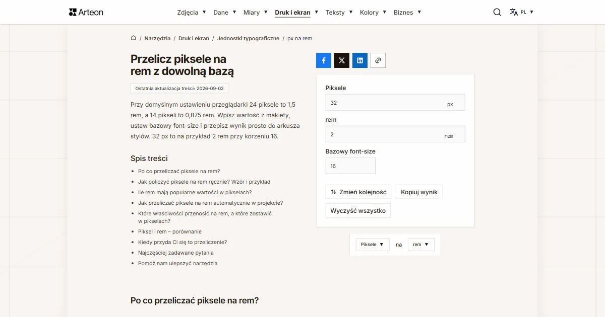 Zrzut ekranu darmowego narzędzia Arteon: Przelicz piksele na rem z dowolną bazą