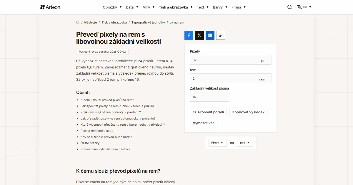 Snímek obrazovky bezplatného nástroje Arteon: Převeď pixely na rem s libovolnou základní velikostí