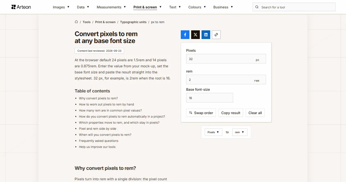 Arteon free tool screenshot: Convert pixels to rem at any base font size
