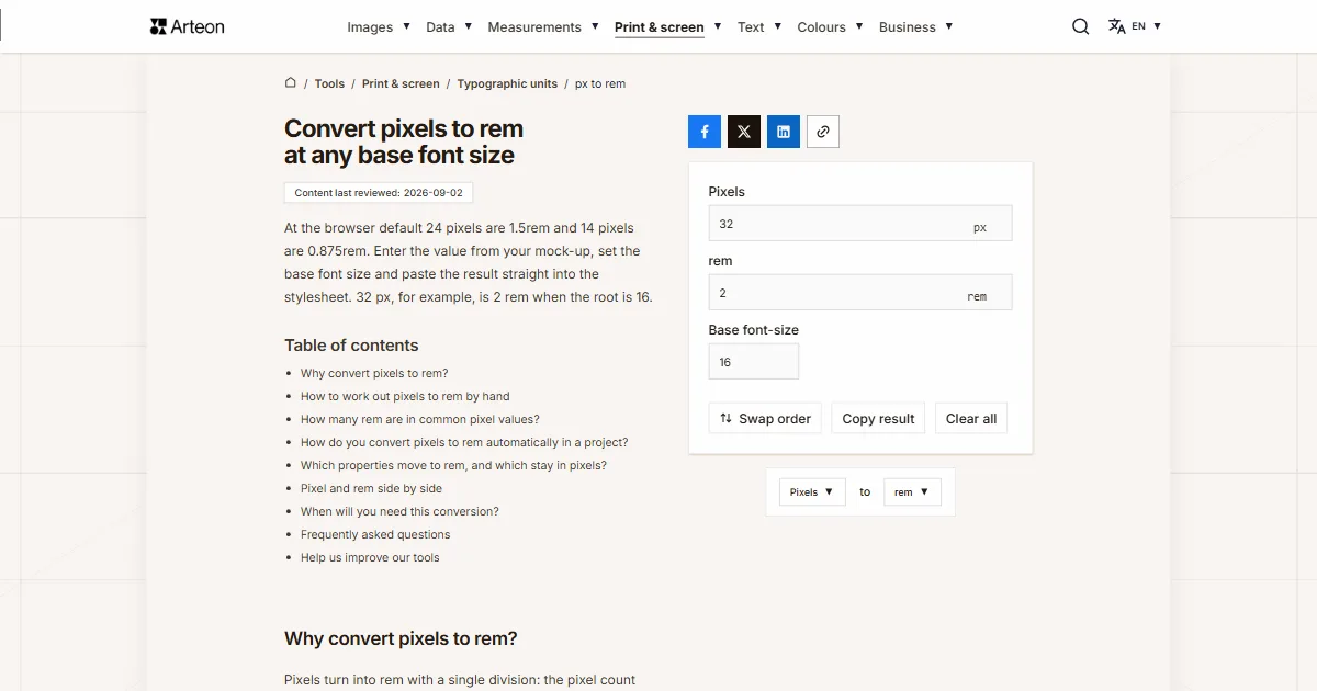 Arteon free tool screenshot: Convert pixels to rem at any base font size