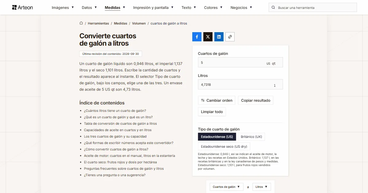 Captura de pantalla de la herramienta gratuita de Arteon: Convierte cuartos de galón a litros