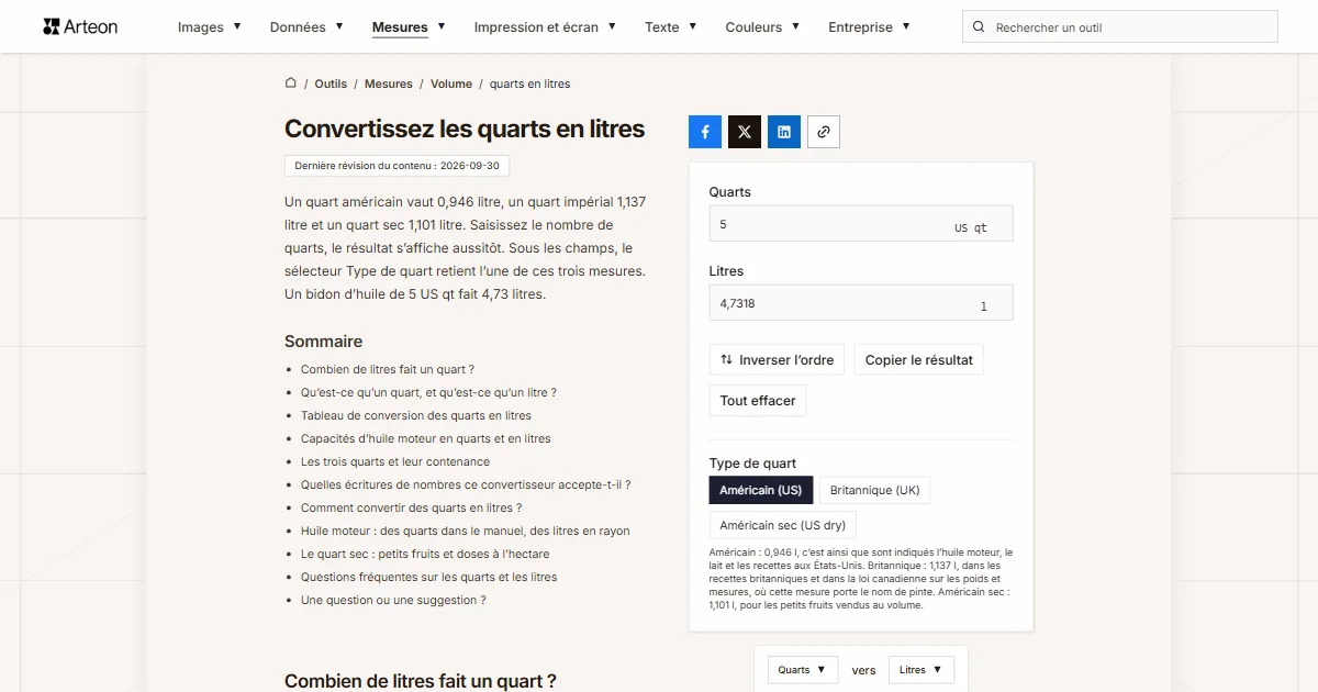 Capture d'écran de l'outil gratuit d'Arteon: Convertissez les quarts en litres