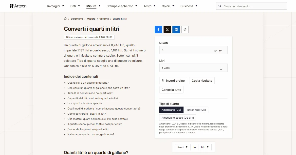Screenshot dello strumento gratuito Arteon: Converti i quarti in litri