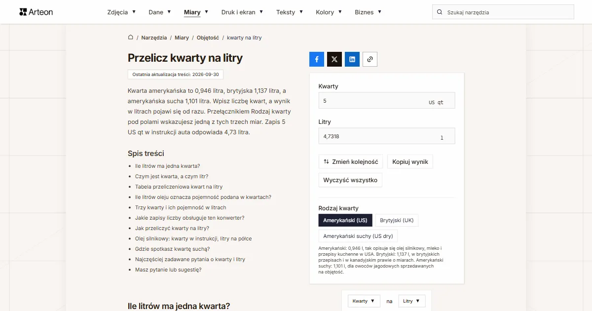 Zrzut ekranu darmowego narzędzia Arteon: Przelicz kwarty na litry