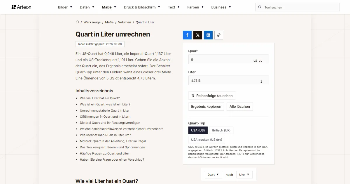 Screenshot des kostenlosen Arteon-Werkzeugs: Quart in Liter umrechnen