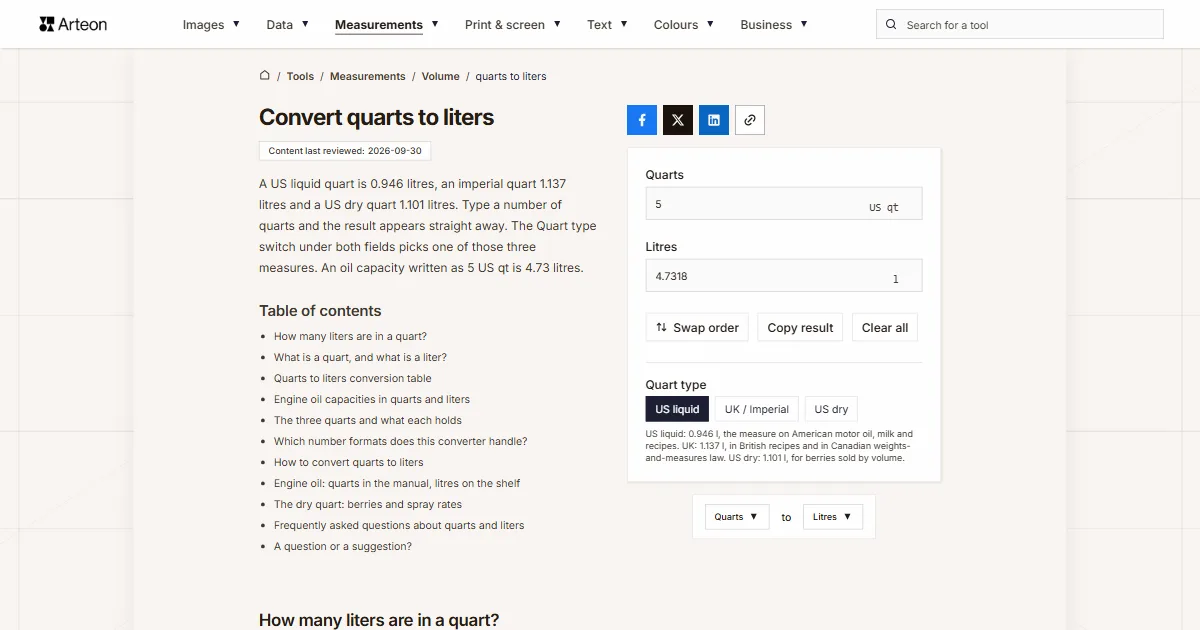 Arteon free tool screenshot: Convert quarts to liters