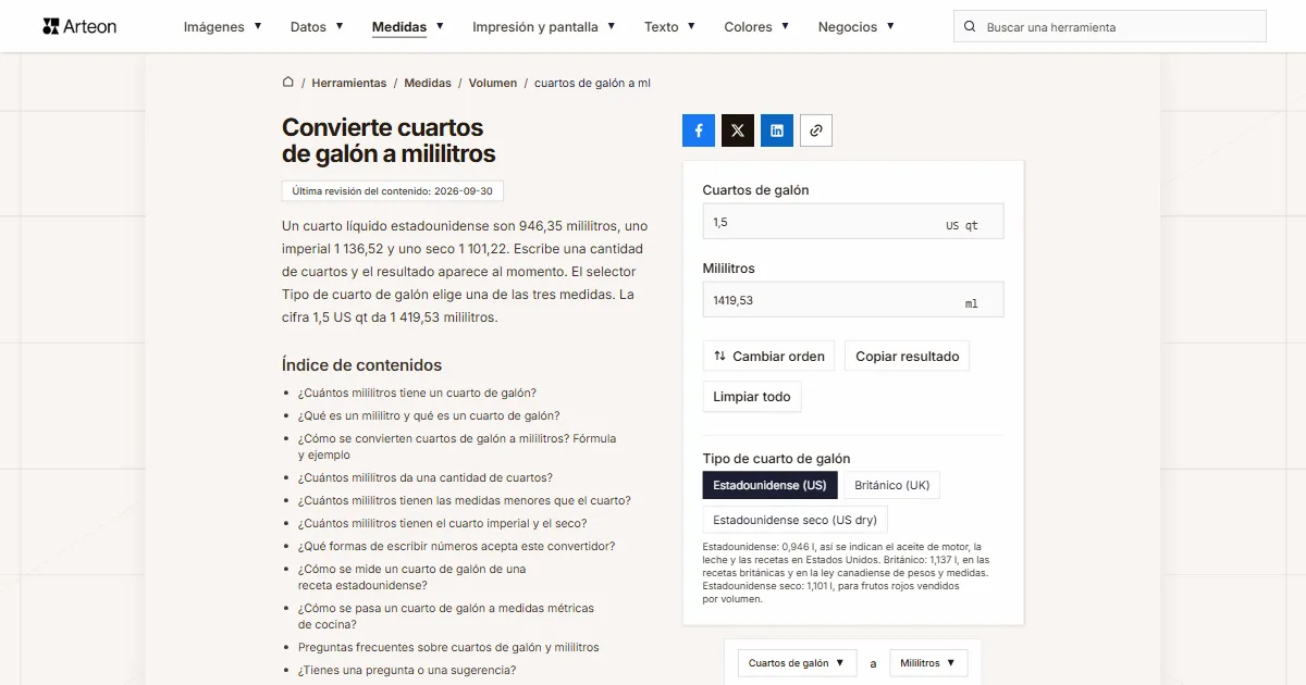 Captura de pantalla de la herramienta gratuita de Arteon: Convierte cuartos de galón a mililitros