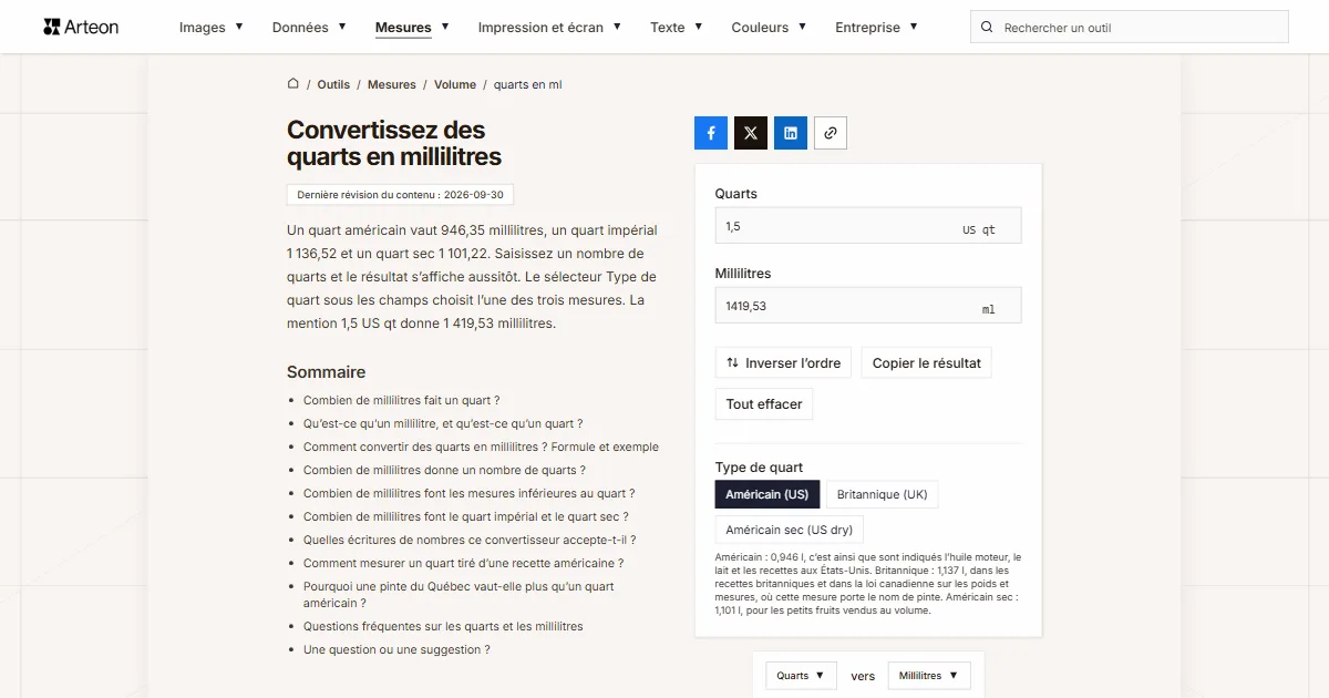 Capture d'écran de l'outil gratuit d'Arteon: Convertissez des quarts en millilitres