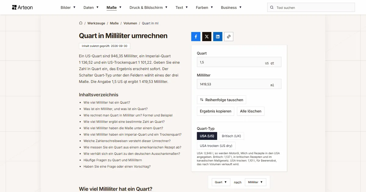 Screenshot des kostenlosen Arteon-Werkzeugs: Quart in Milliliter umrechnen