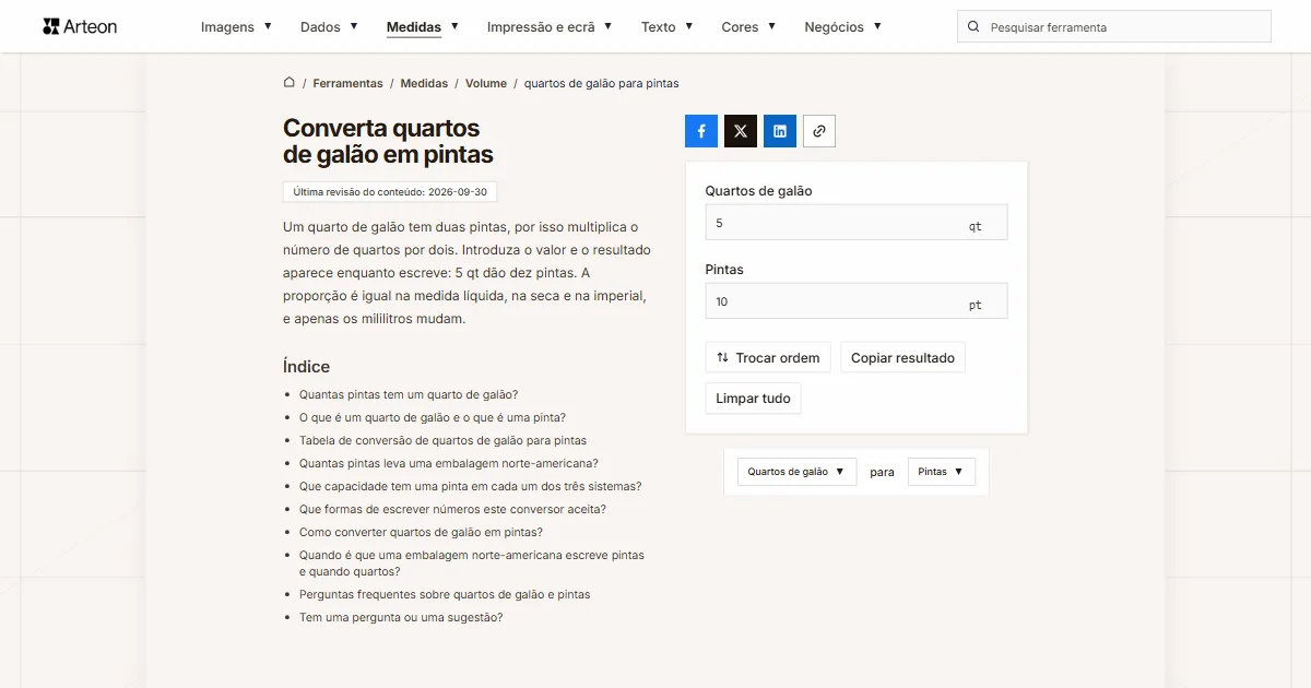 Captura de ecrã da ferramenta gratuita da Arteon: Converta quartos de galão em pintas