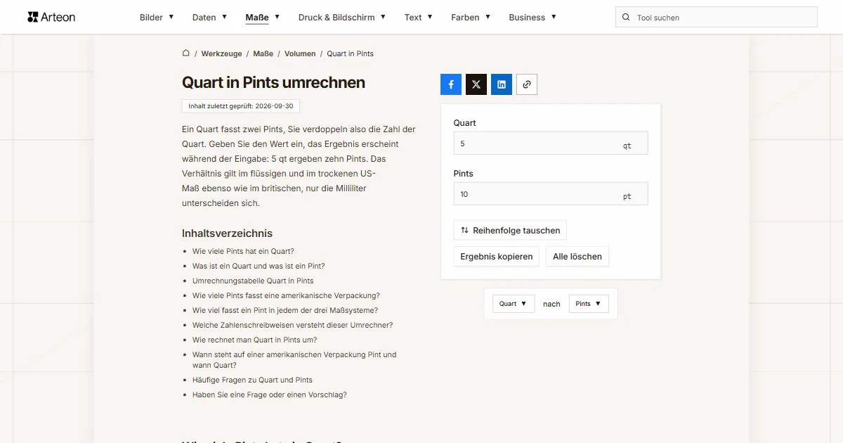Screenshot des kostenlosen Arteon-Werkzeugs: Quart in Pints umrechnen
