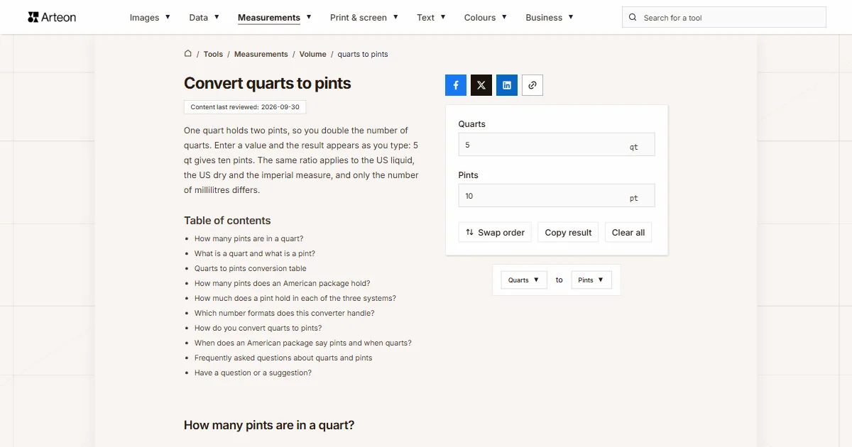 Arteon free tool screenshot: Convert quarts to pints
