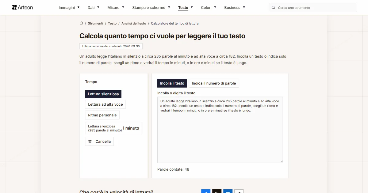 Screenshot dello strumento gratuito Arteon: Calcola quanto tempo ci vuole per leggere il tuo testo