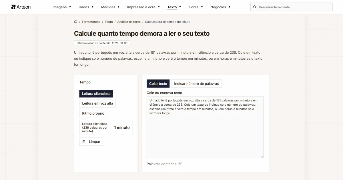 Calculadora de tempo de leitura