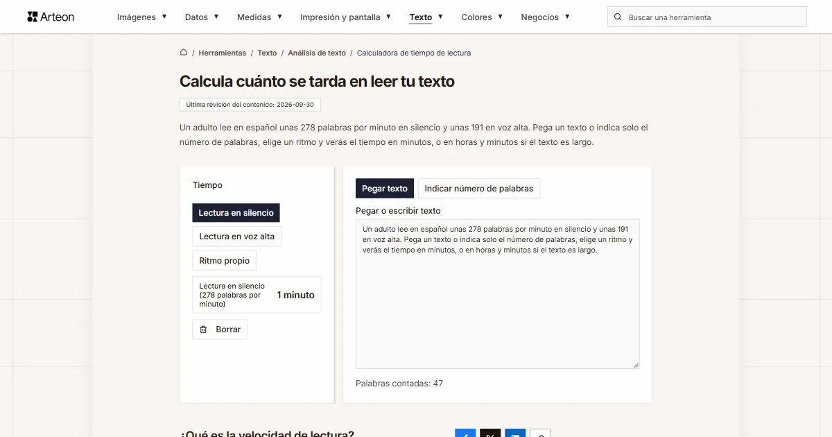 Captura de pantalla de la herramienta gratuita de Arteon: Calcula cuánto se tarda en leer tu texto
