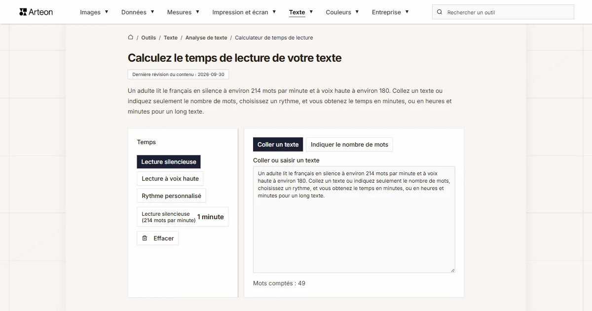 Capture d'écran de l'outil gratuit d'Arteon: Calculez le temps de lecture de votre texte