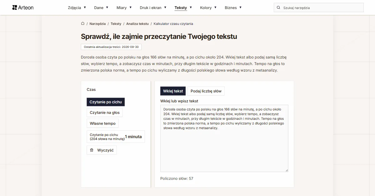 Zrzut ekranu darmowego narzędzia Arteon: Sprawdź, ile zajmie przeczytanie Twojego tekstu